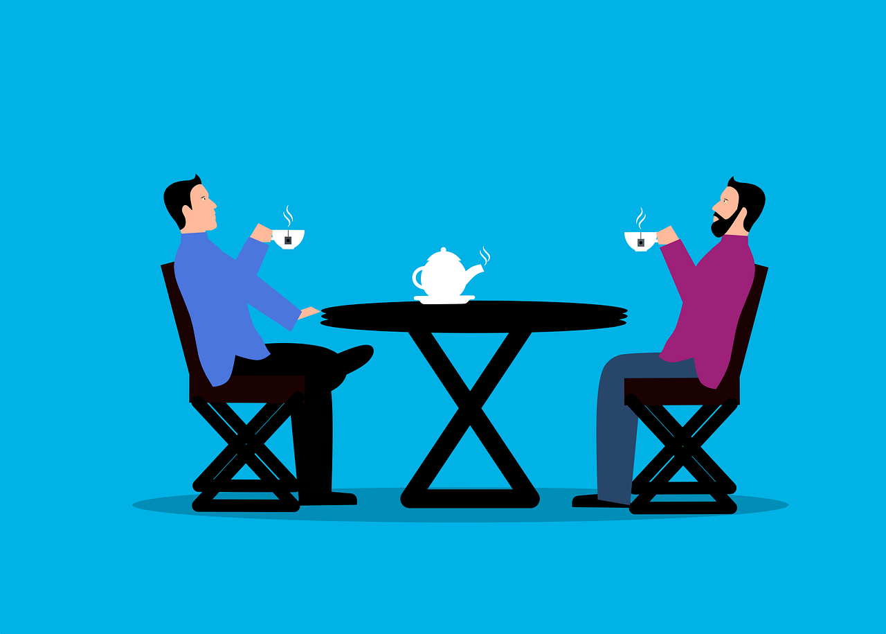 cartoon people sipping tea with a blue background